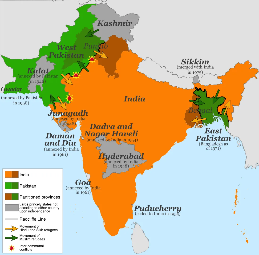 Map of the 1947 partition of British India into India and Pakistan