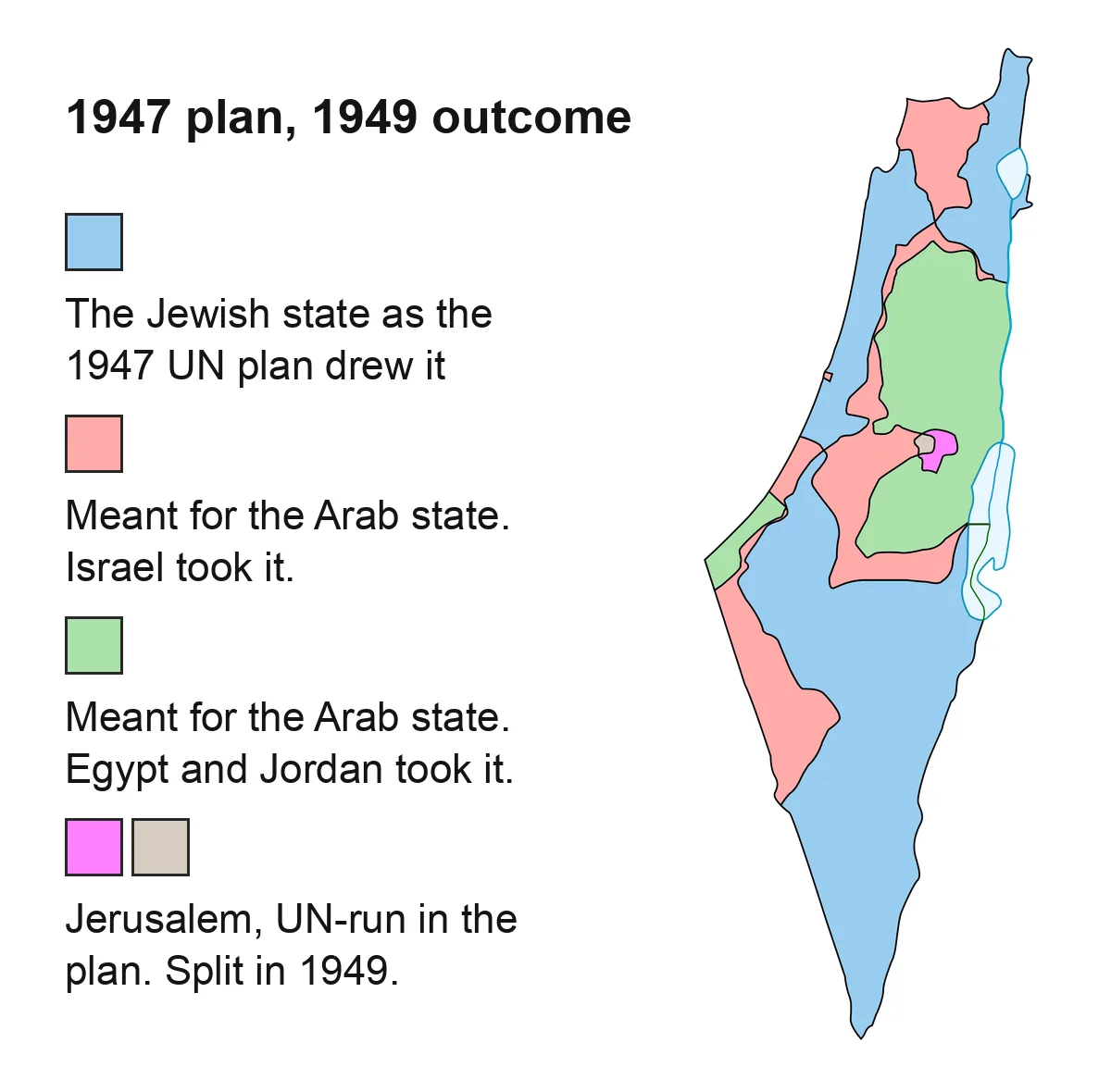 Map comparing the 1947 UN partition plan with the 1949 armistice lines