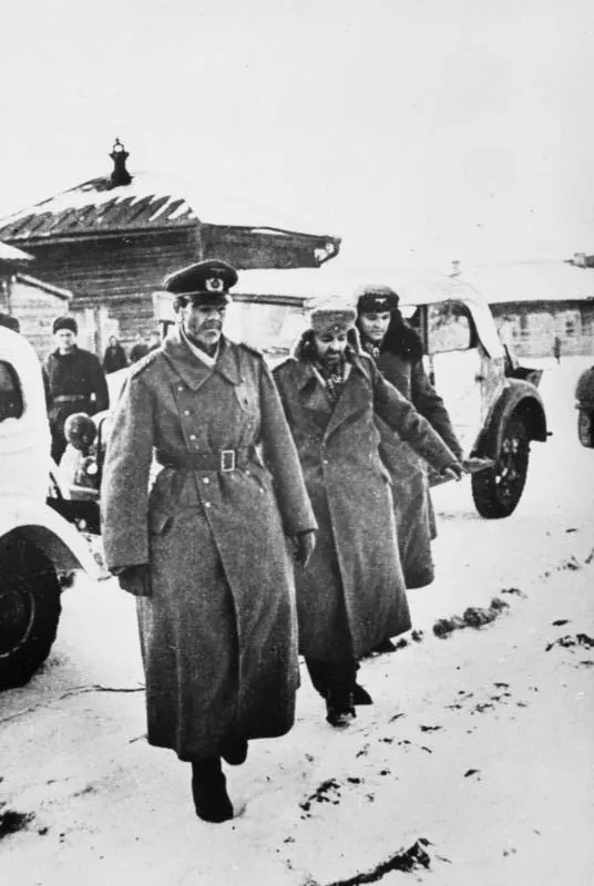 Friedrich Paulus in a fur-collared coat after his surrender to Soviet forces at Stalingrad