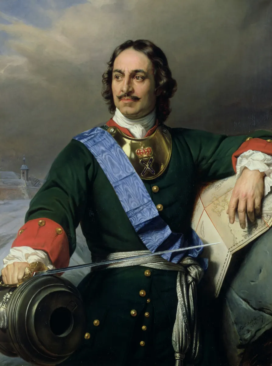 Peter the Great in armor and ermine cloak, standing against a stormy sky with ships in the background
