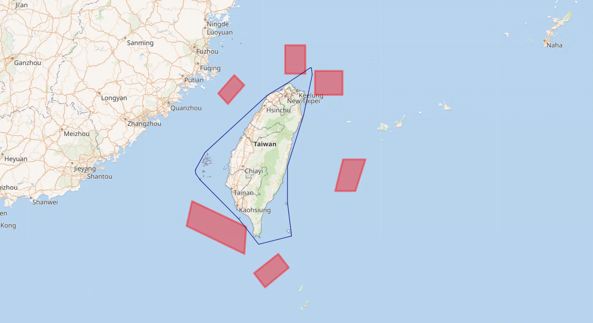 Map showing the six Chinese military exercise zones surrounding Taiwan in August 2022