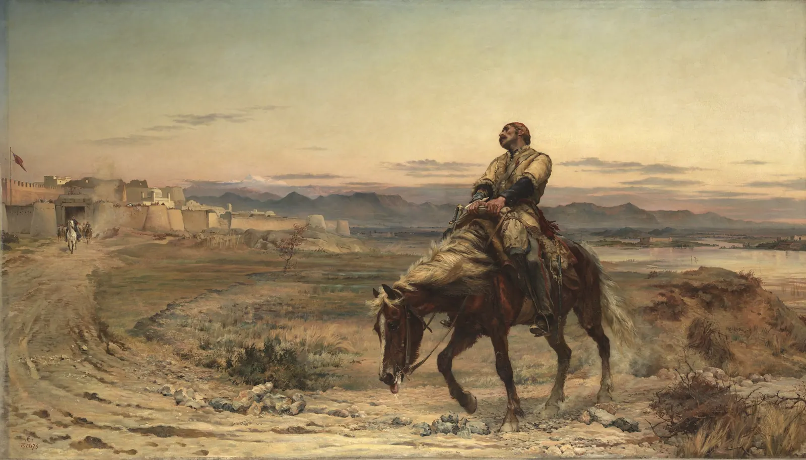 An oil painting of a lone British soldier slumped on an exhausted horse approaching the walls of Jalalabad, with a barren Afghan landscape behind him