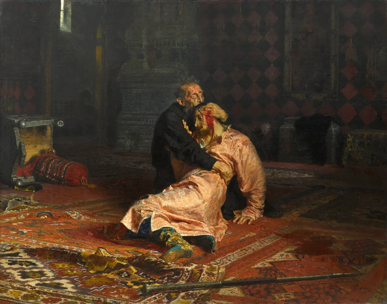 Ivan the Terrible clutching his mortally wounded son on the floor, blood seeping through his fingers
