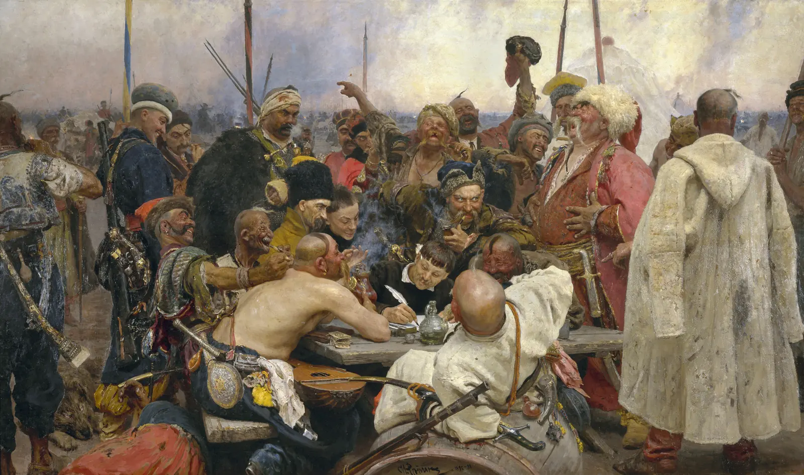 An oil painting of Zaporozhian Cossacks gathered around a table, laughing and gesturing as they compose a letter