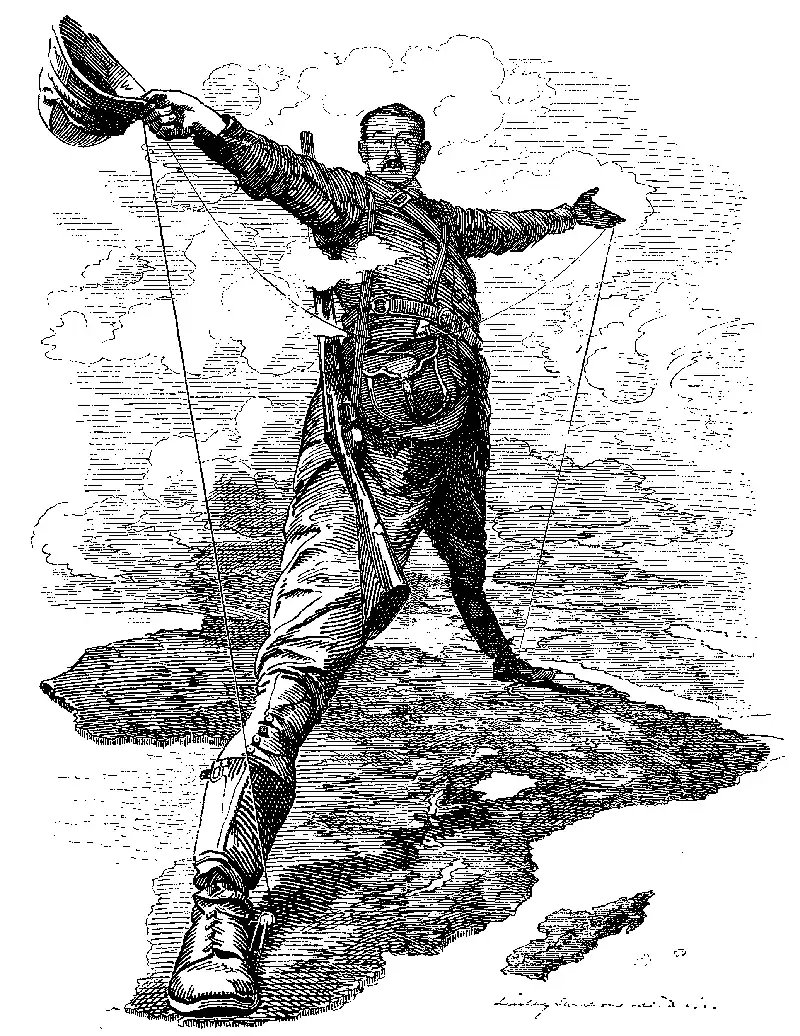 The "Rhodes Colossus" cartoon from Punch magazine, showing Cecil Rhodes straddling Africa from Cairo to the Cape, holding a telegraph wire