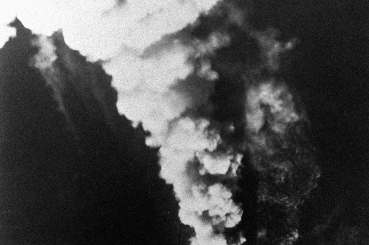 The Iranian frigate Sahand burning in the Persian Gulf after a US air attack