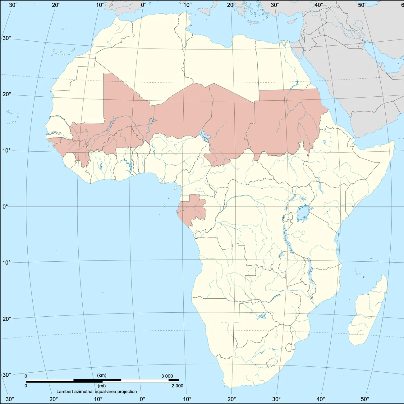 Map of Africa with the coup-belt states shaded
