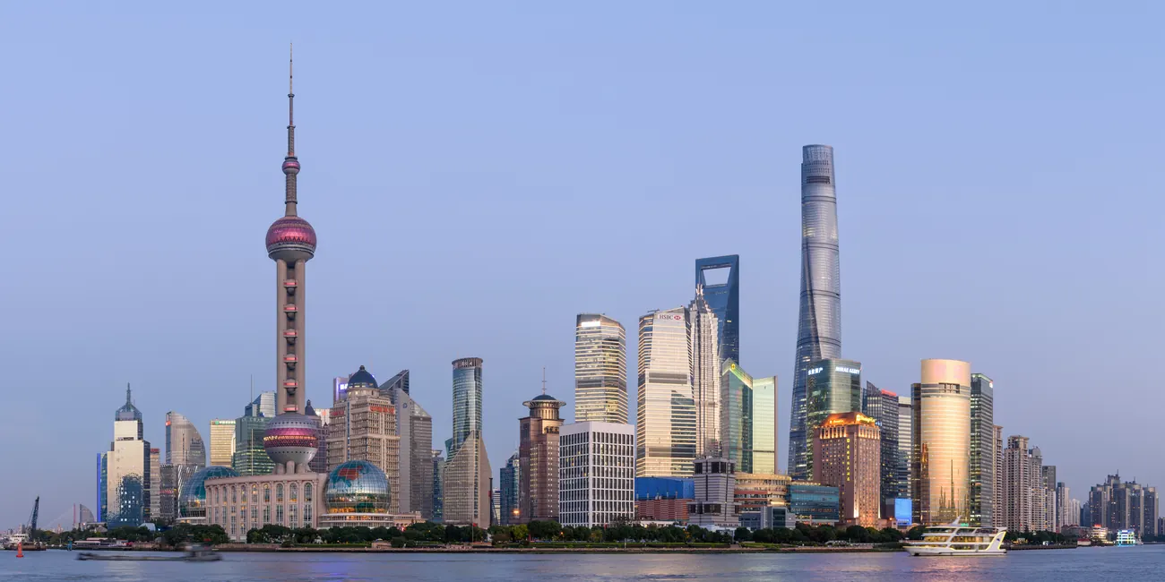 The Shanghai Pudong financial district skyline seen from across the Huangpu River