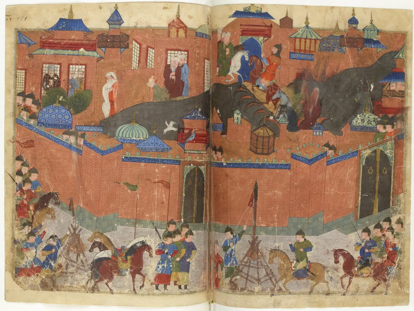 A 15th-century double-page manuscript painting showing the Mongol siege of Baghdad in 1258, with mounted soldiers and siege equipment outside the city's red walls and terrified inhabitants inside