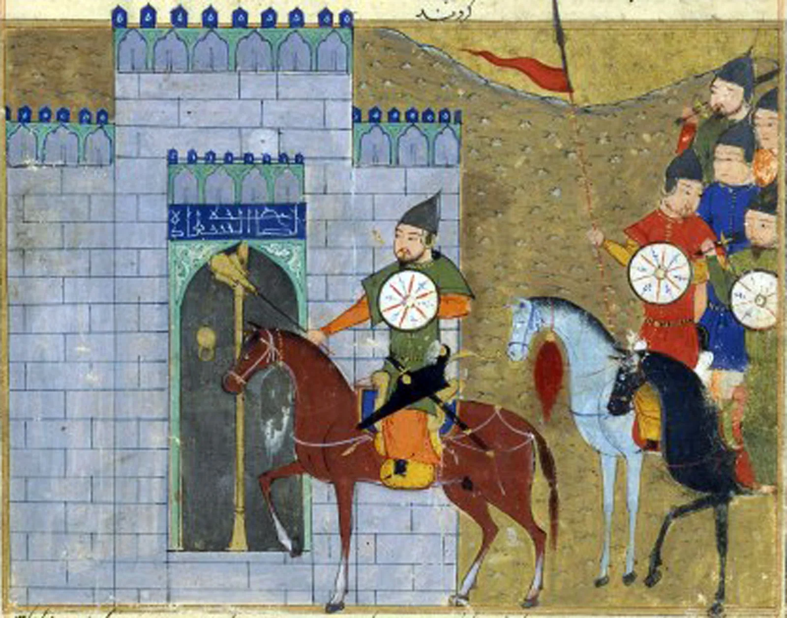 A Persian miniature painting showing Mongol soldiers besieging the walls of Beijing in 1213, with archers, ladders, and defenders on the ramparts