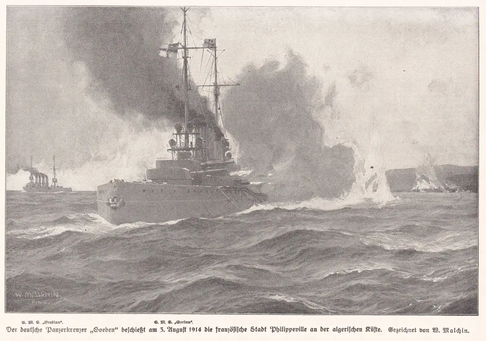 Illustration of the German battlecruiser SMS Goeben and the light cruiser SMS Breslau firing on the French-Algerian coast in August 1914