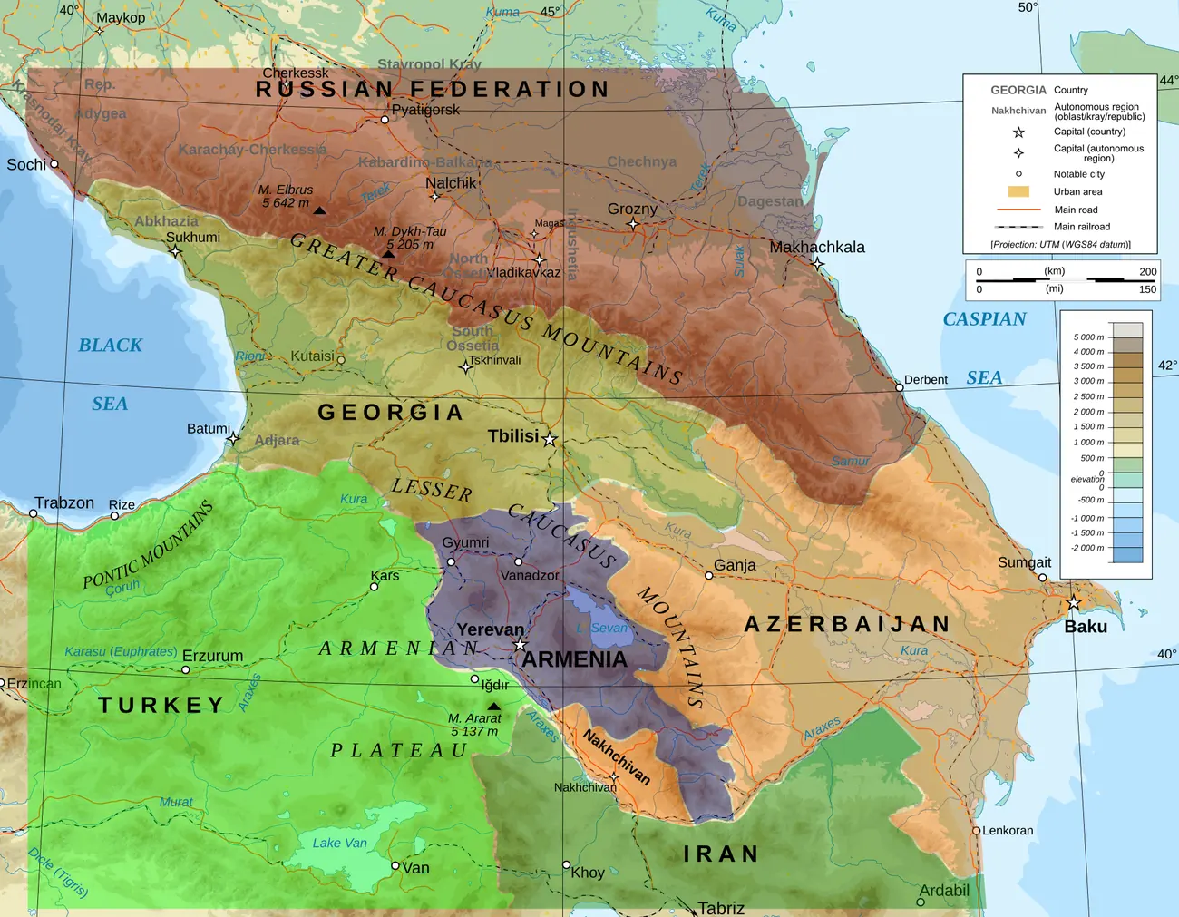 Topographic map of the South Caucasus showing Georgia, Armenia, Azerbaijan and their neighbors