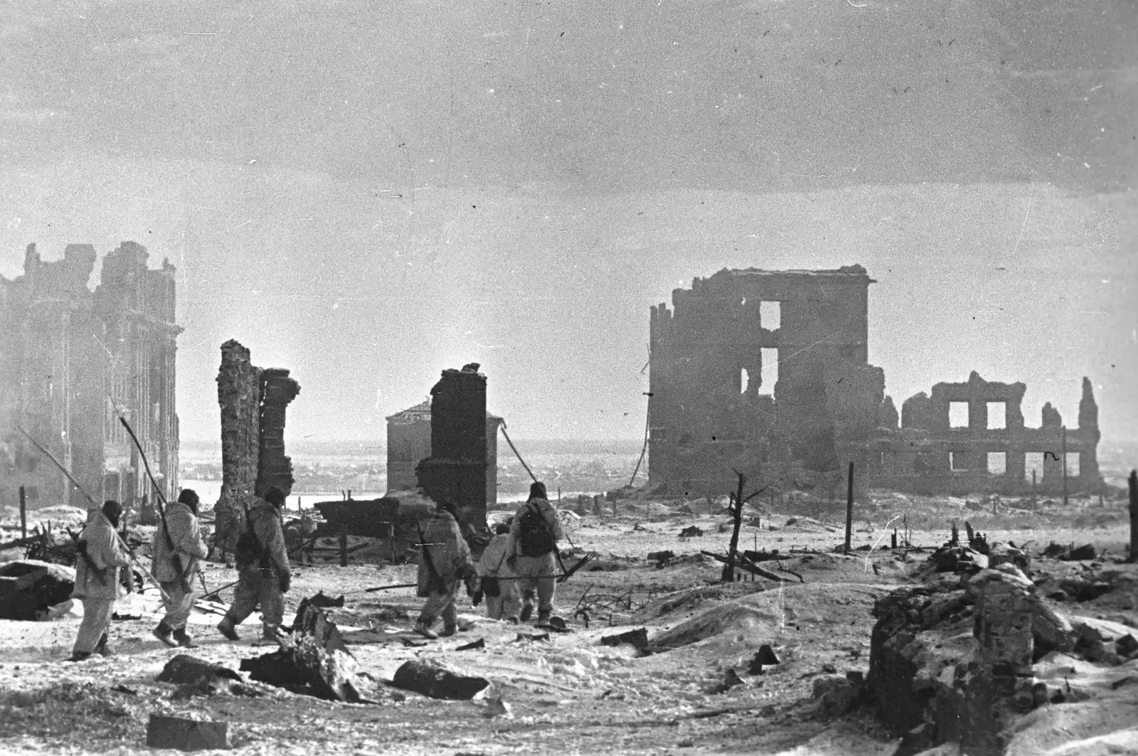 The devastated center of Stalingrad after Soviet liberation in February 1943, with ruins of apartment buildings stretching across the landscape