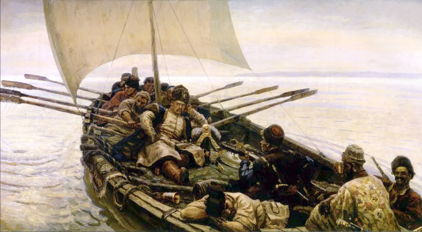 A painting of Stenka Razin reclining on a boat filled with Cossacks on the Volga, surrounded by plunder