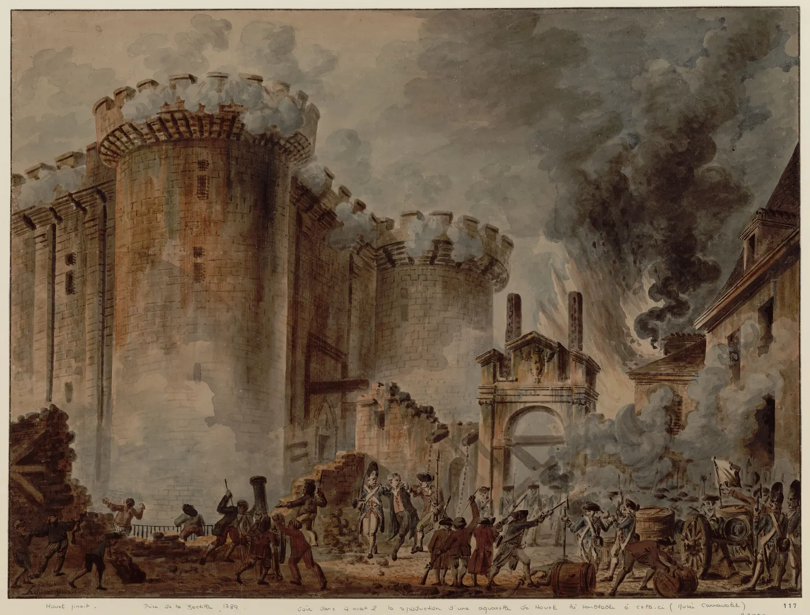 A watercolor painting of the storming of the Bastille on July 14, 1789, with crowds attacking the fortress and smoke rising from its towers
