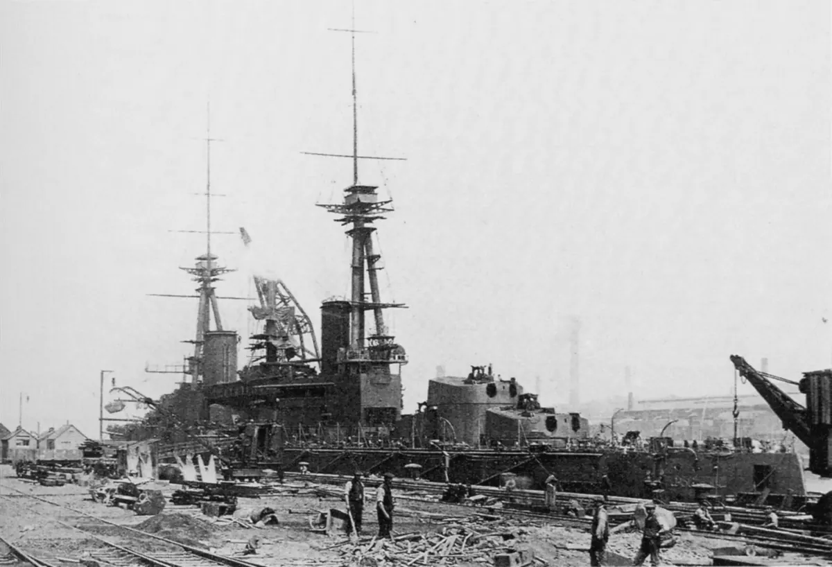 The Ottoman battleship Sultan Osman I at the Armstrong shipyard in Newcastle, 1914, surrounded by workers and cranes