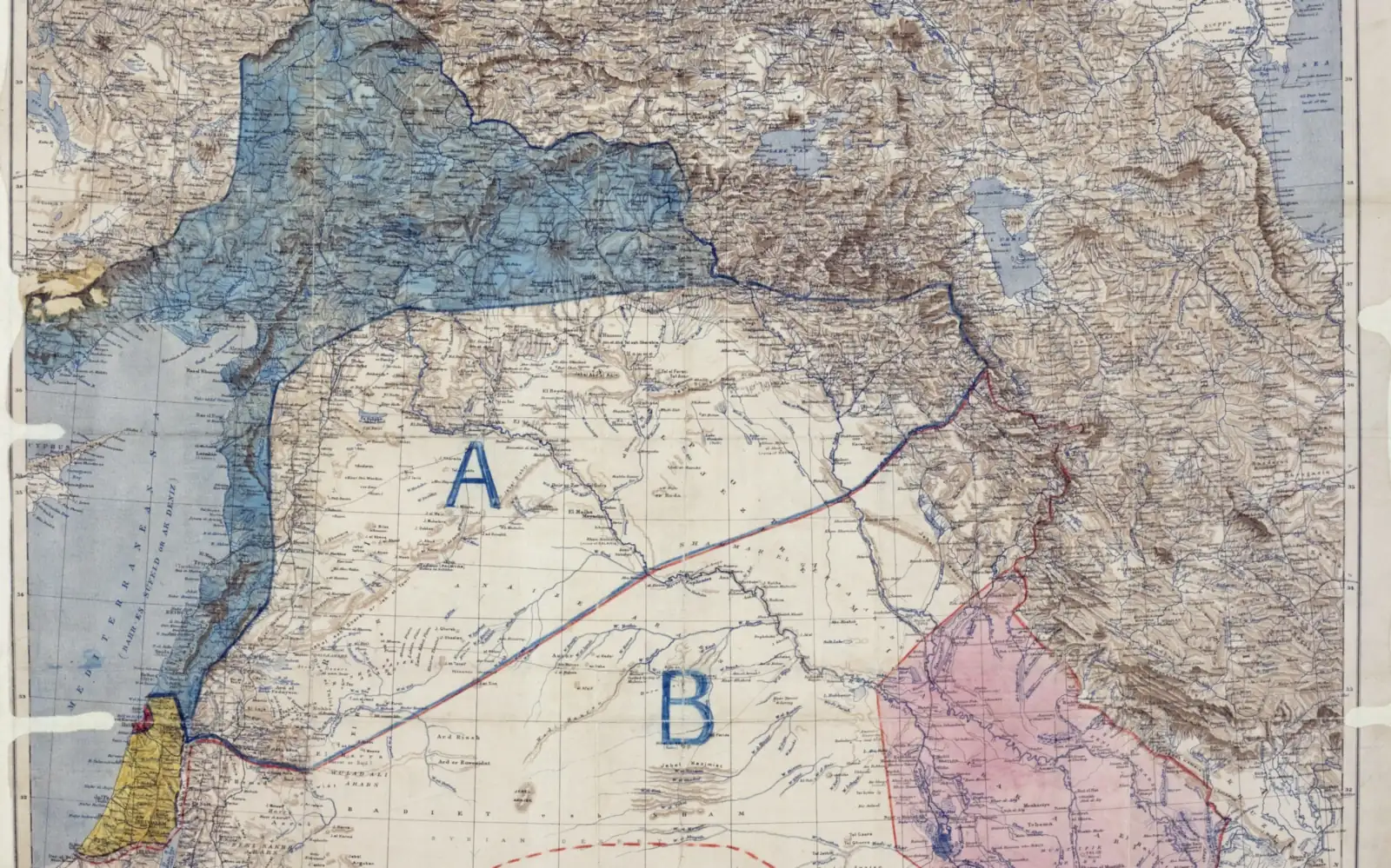 The original Sykes-Picot agreement map from 1916, showing colored zones of British and French influence across the former Ottoman provinces