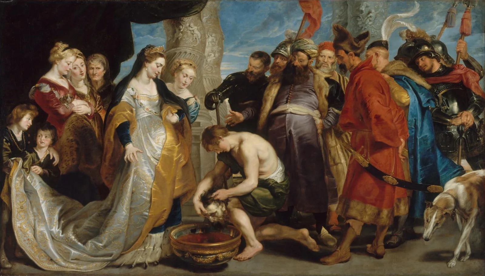 A Baroque painting of Queen Tomyris in a golden robe watching as a servant dips the severed head of Cyrus into a basin of blood, surrounded by soldiers and attendants