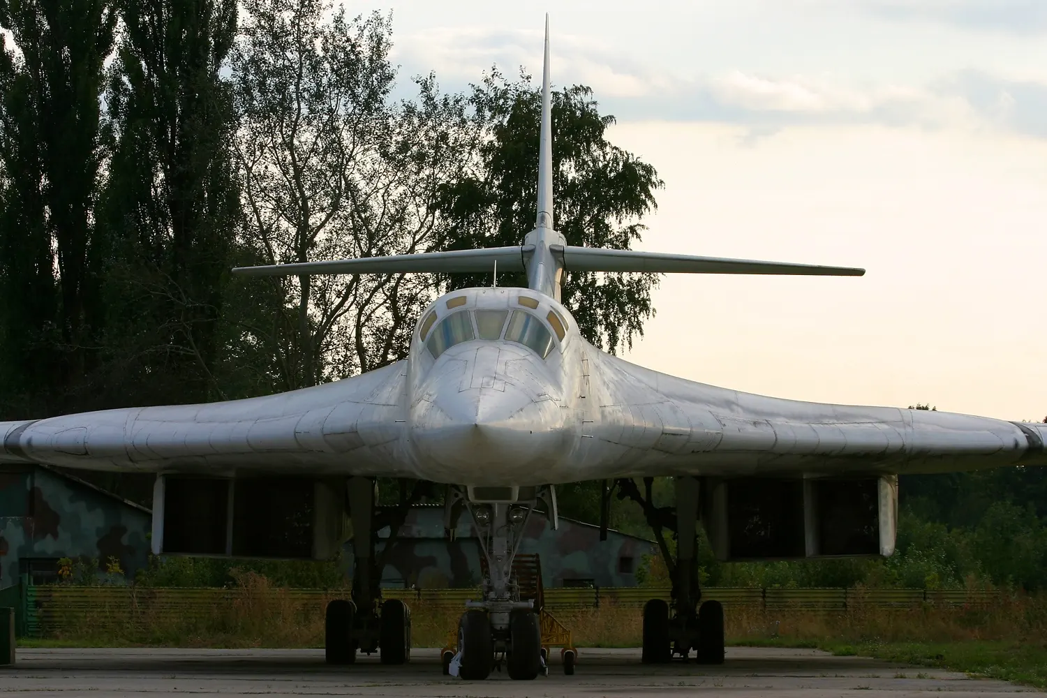 A Ukrainian Air Force Tu-160 "Blackjack" strategic bomber parked on a runway under a pale sky