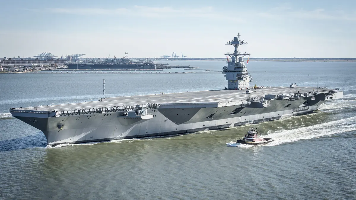 The aircraft carrier USS Gerald R. Ford underway in the Atlantic