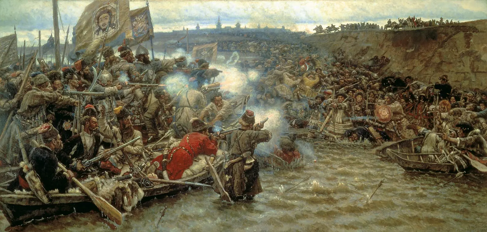 A chaotic battle scene on a river as Cossacks in boats fire muskets and crossbows at Tatar warriors on the bank, painted in dark greens and browns