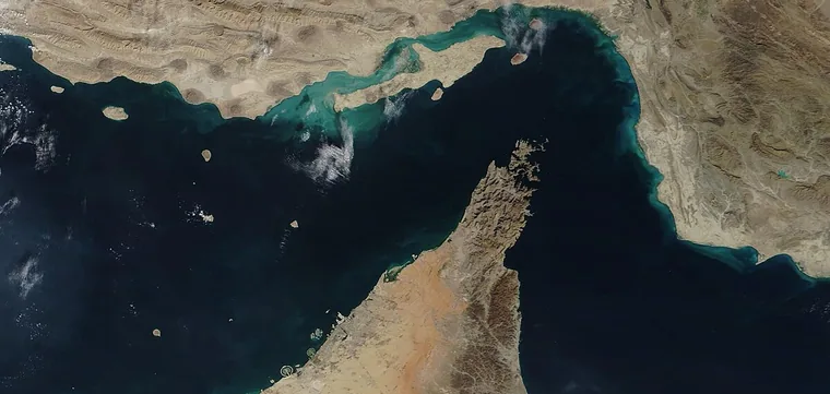 Satellite view of the Strait of Hormuz between the Persian Gulf and the Gulf of Oman.