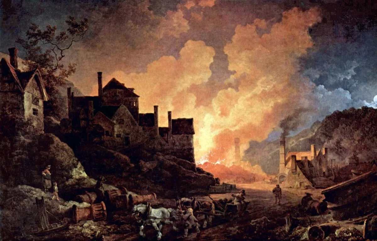 A painting of ironworks furnaces lighting up the night sky over a valley, with houses, chimneys and a horse-drawn cart in the foreground