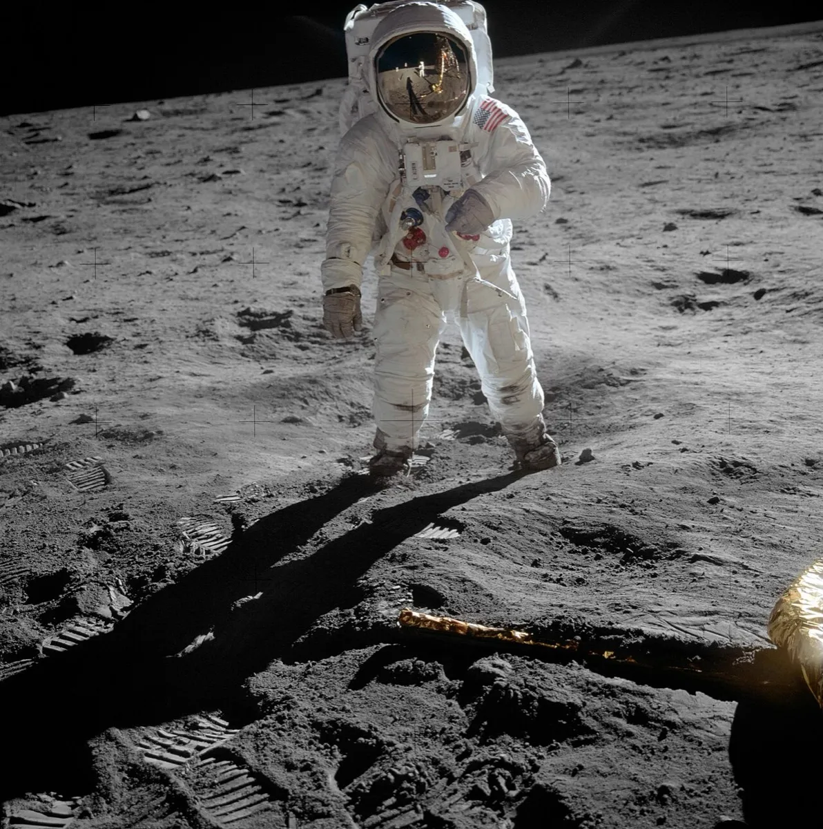 Buzz Aldrin standing on the Moon in his white spacesuit during the Apollo 11 mission, July 1969