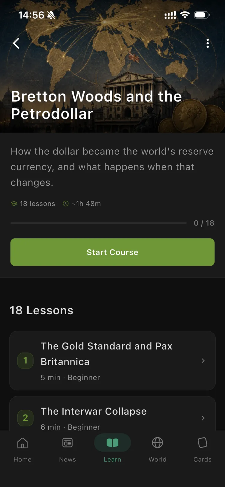 The Bretton Woods and the Petrodollar course in the Orbis app, with its parts and lessons