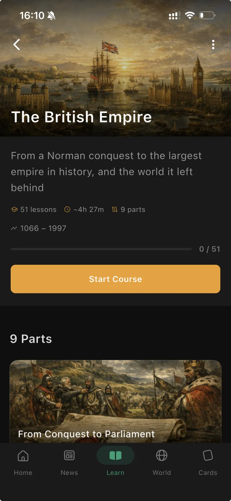 The The British Empire course in the Orbis app, with its parts and lessons