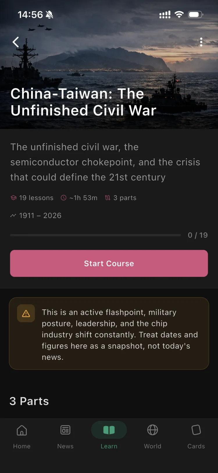 The China-Taiwan: The Unfinished Civil War course in the Orbis app, with its parts and lessons