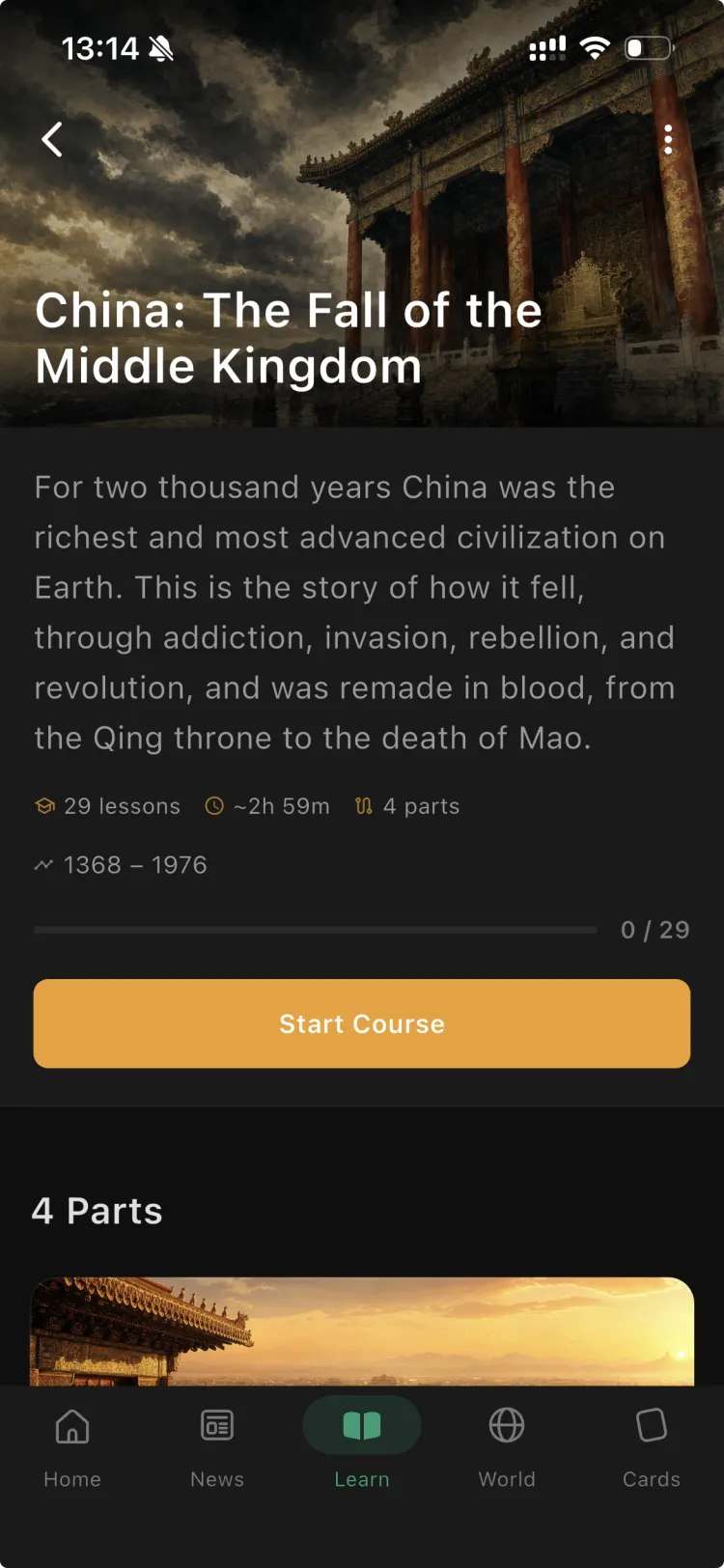 The China: The Fall of the Middle Kingdom course in the Orbis app, with its parts and lessons