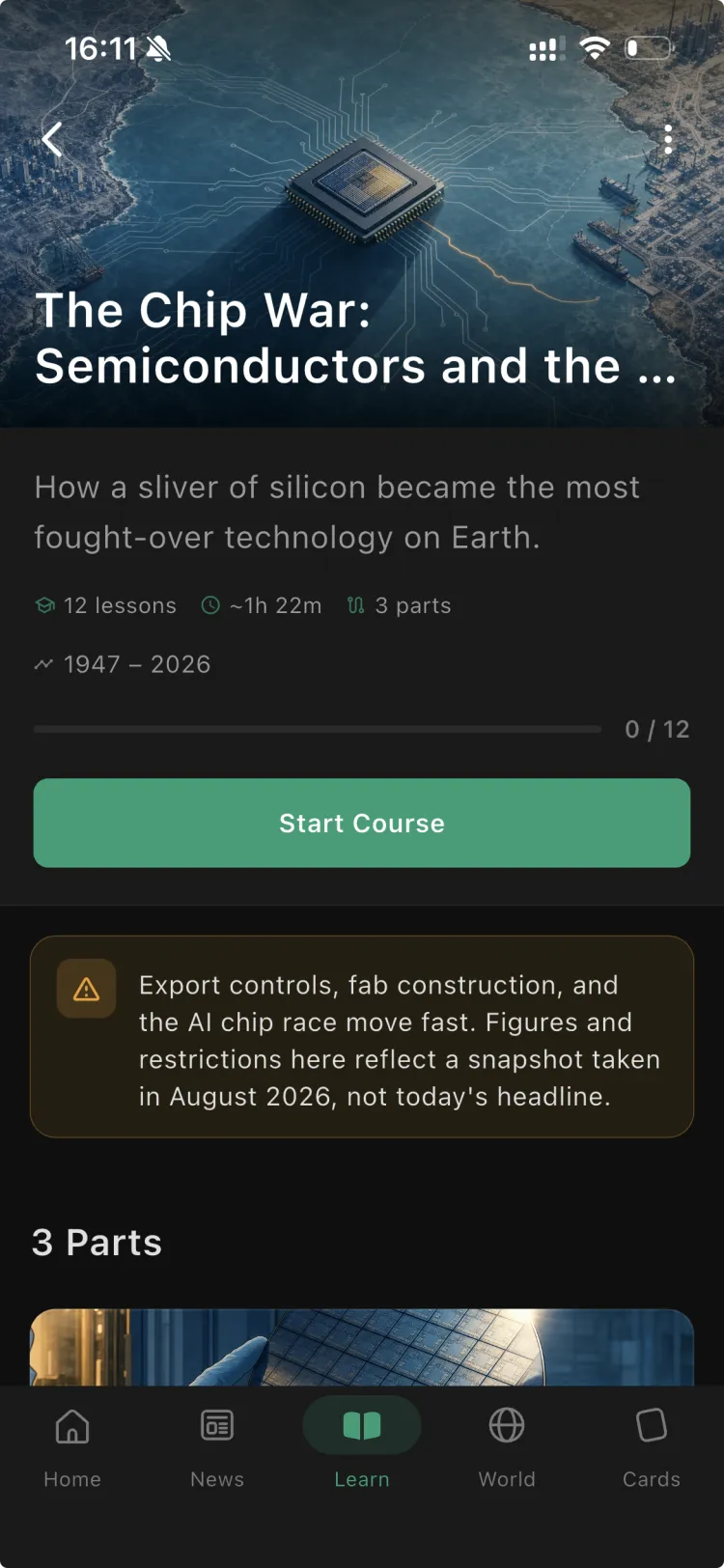 The The Chip War: Semiconductors and the US-China Showdown course in the Orbis app, with its parts and lessons