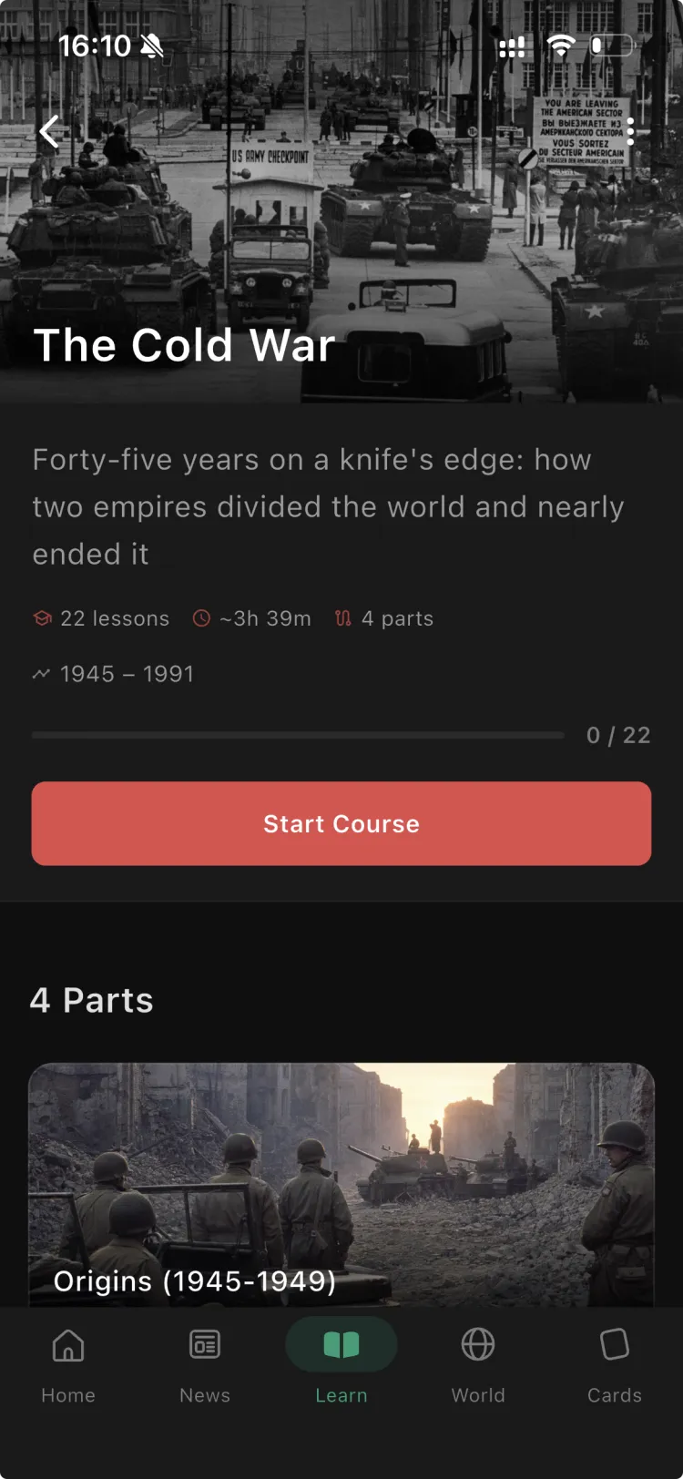 The The Cold War course in the Orbis app, with its parts and lessons