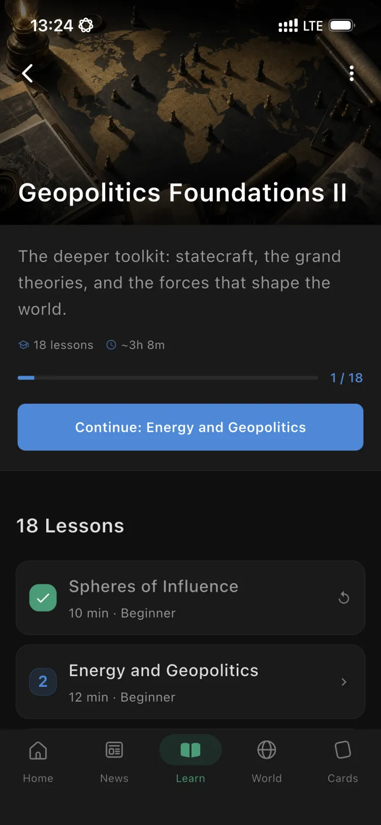 The Geopolitics Foundations II course in the Orbis app, with its parts and lessons