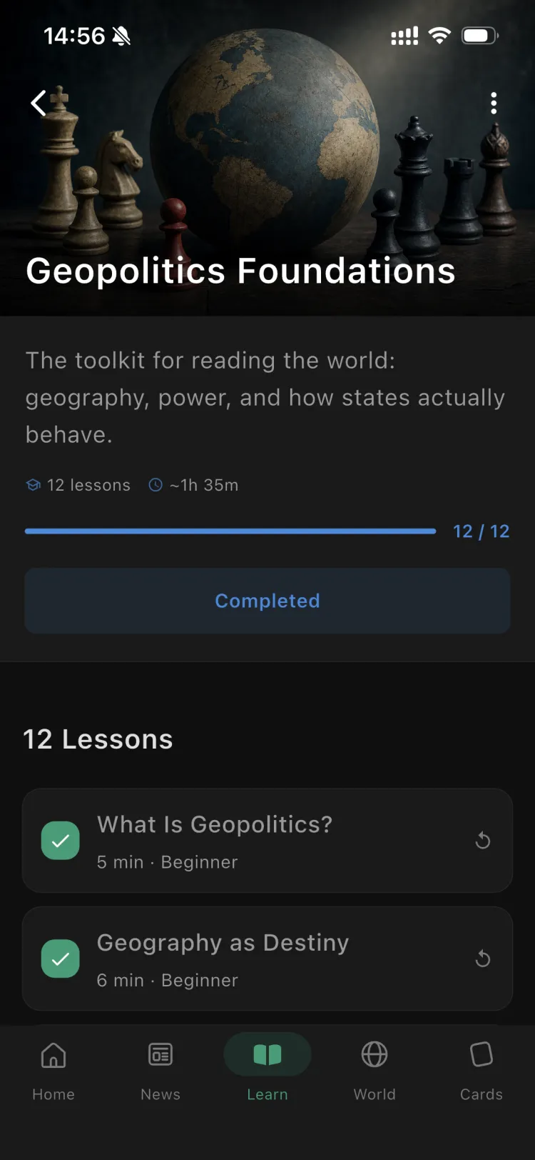 The Geopolitics Foundations course in the Orbis app, with its parts and lessons
