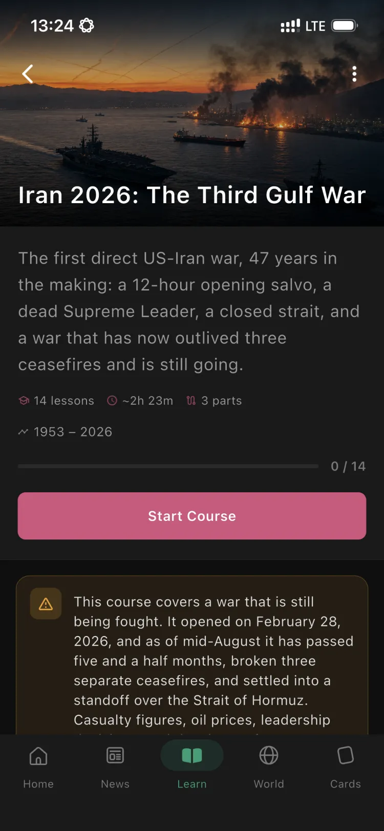 The Iran 2026: The Third Gulf War course in the Orbis app, with its parts and lessons