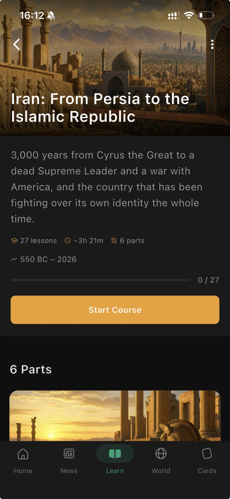 The Iran: From Persia to the Islamic Republic course in the Orbis app, with its parts and lessons