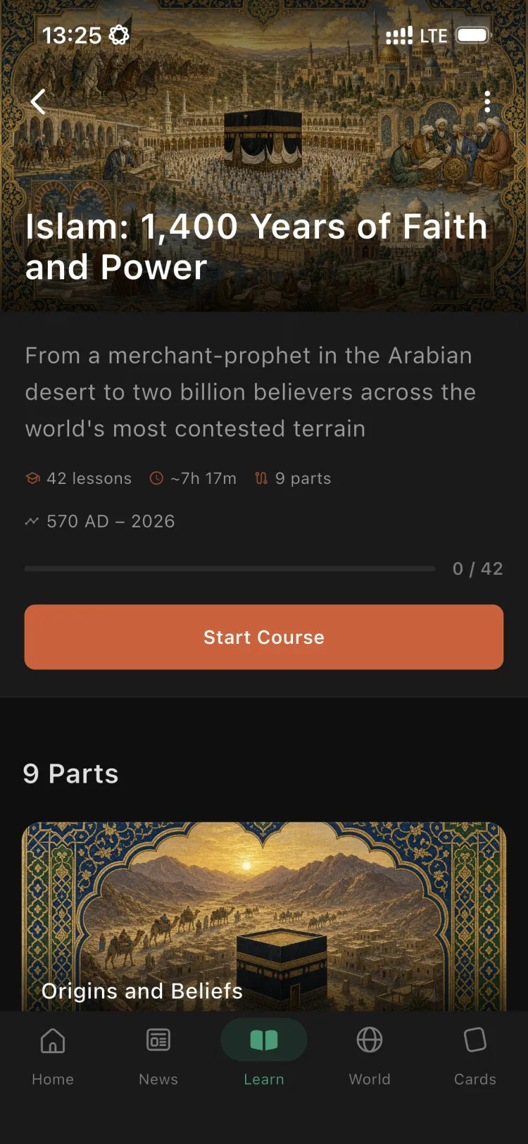 The Islam: 1,400 Years of Faith and Power course in the Orbis app, with its parts and lessons