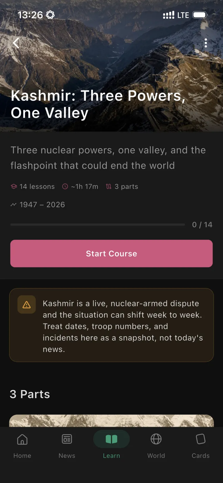 The Kashmir: Three Powers, One Valley course in the Orbis app, with its parts and lessons