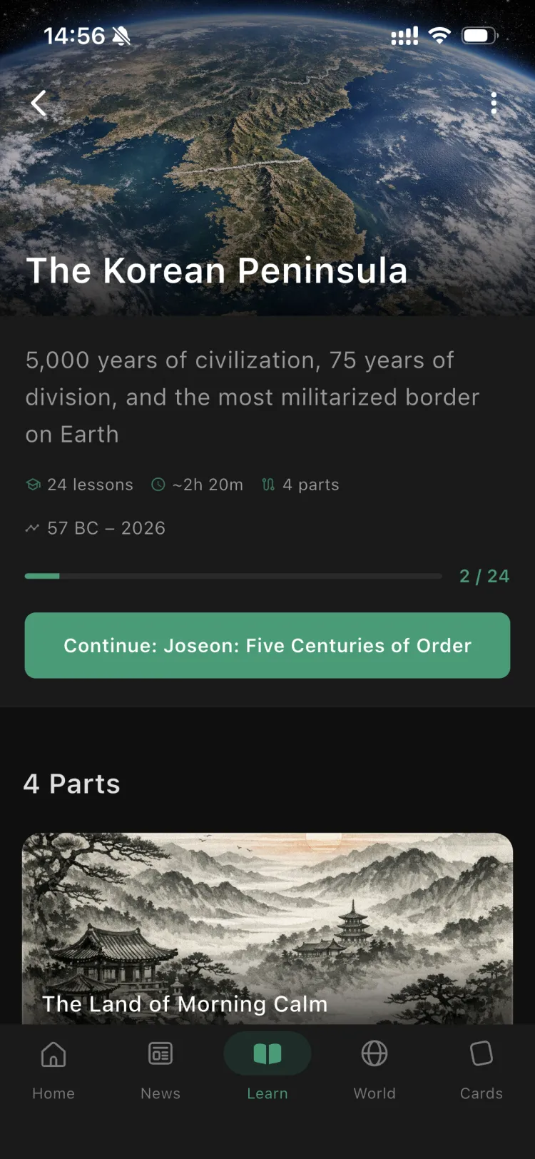 The The Korean Peninsula course in the Orbis app, with its parts and lessons