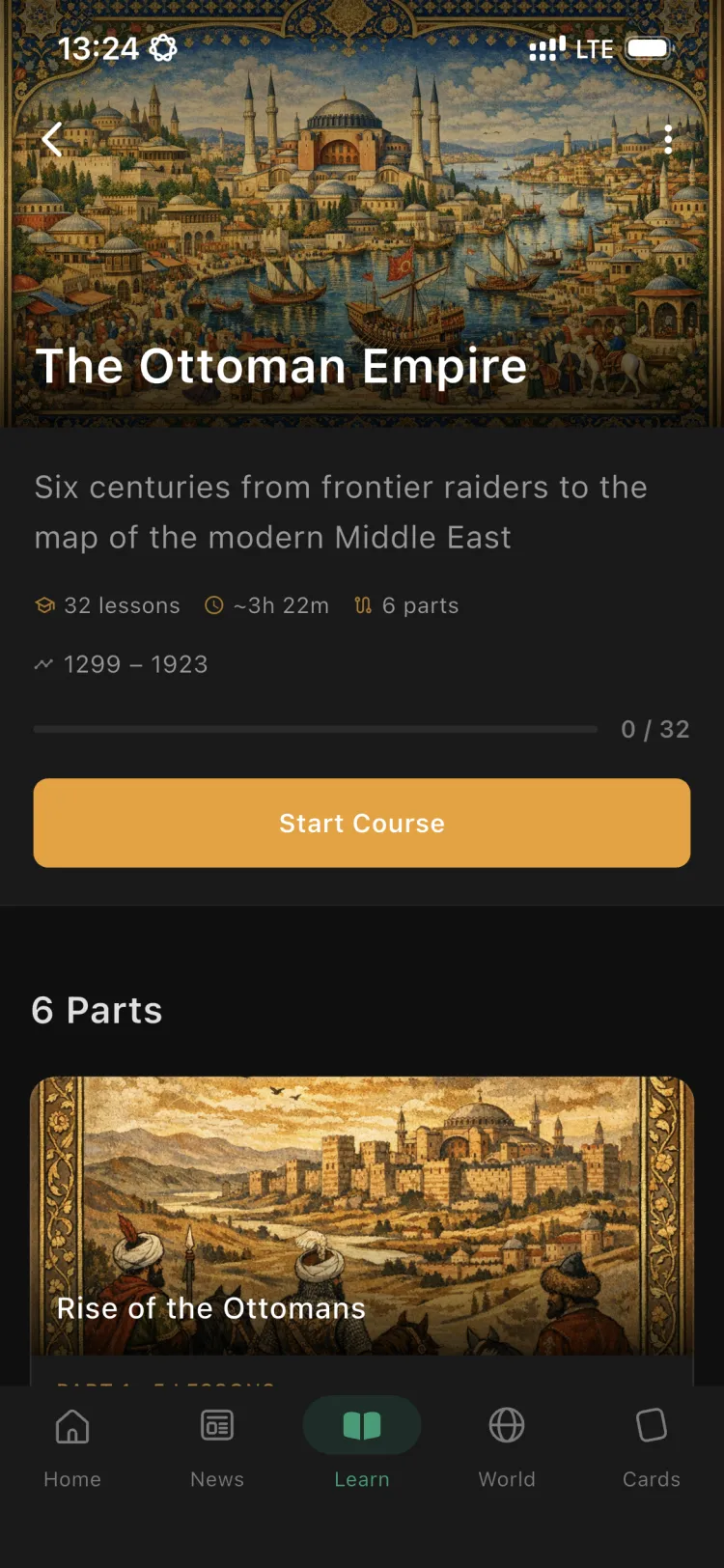 The The Ottoman Empire course in the Orbis app, with its parts and lessons