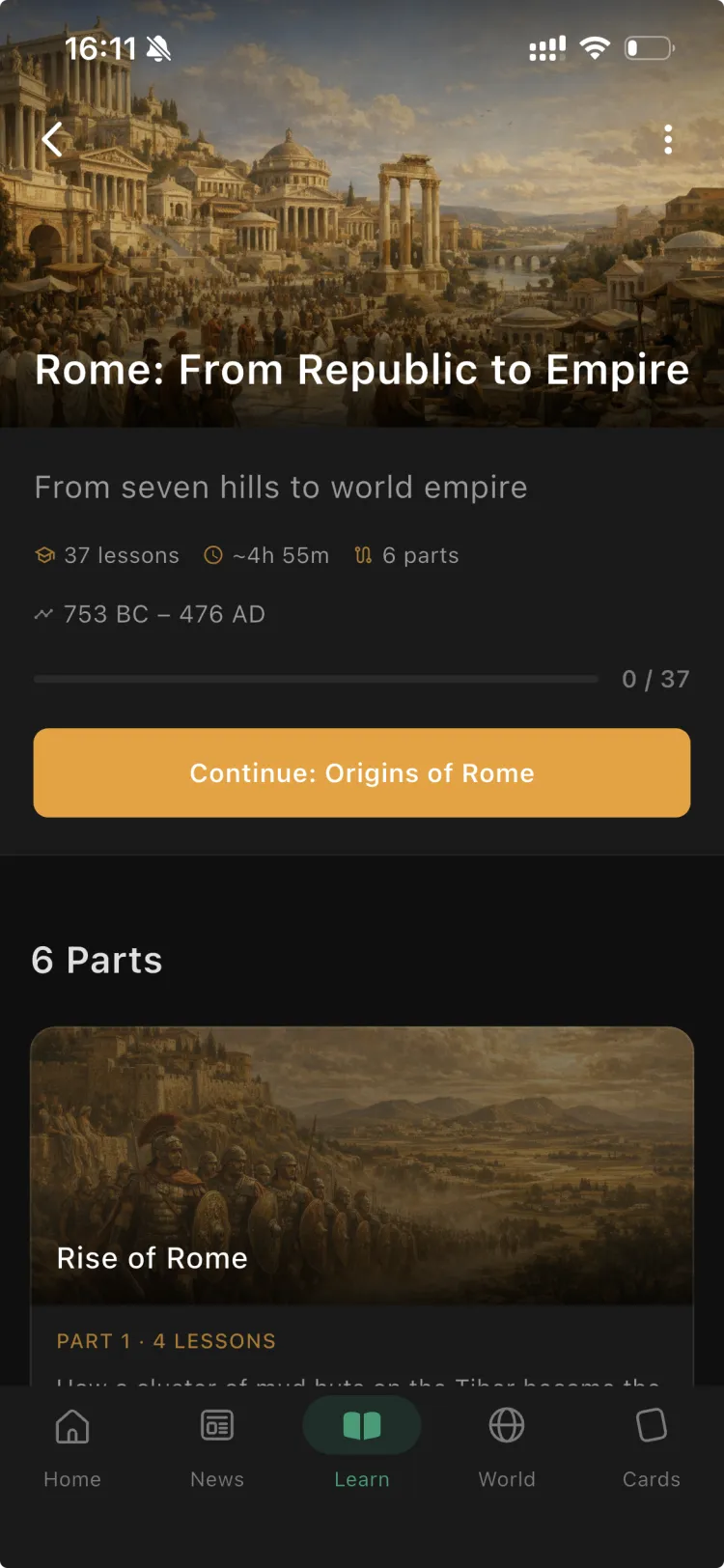 The Rome: From Republic to Empire course in the Orbis app, with its parts and lessons