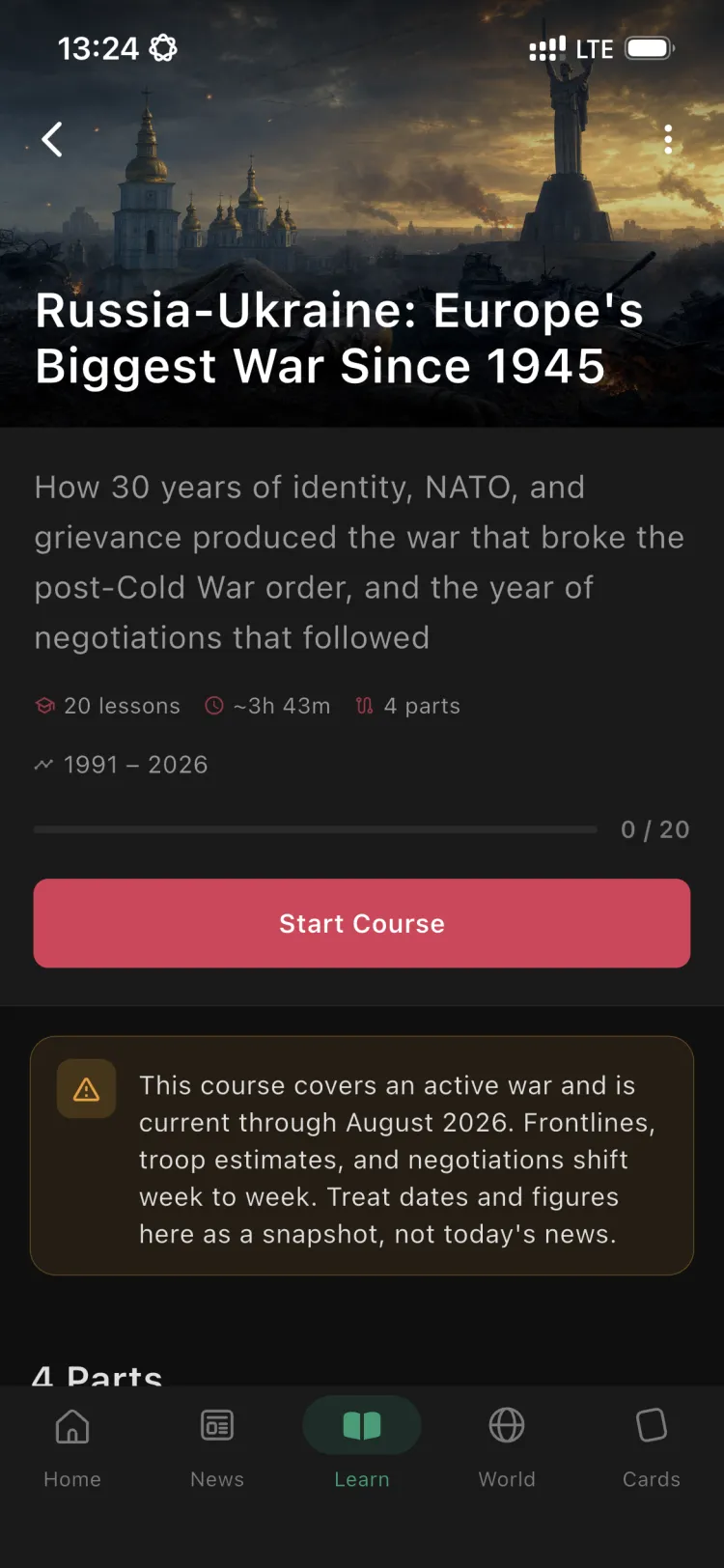 The Russia-Ukraine: Europe's Biggest War Since 1945 course in the Orbis app, with its parts and lessons