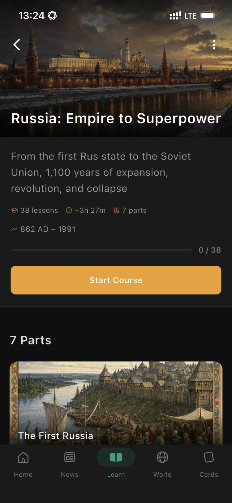 The Russia: Empire to Superpower course in the Orbis app, with its parts and lessons