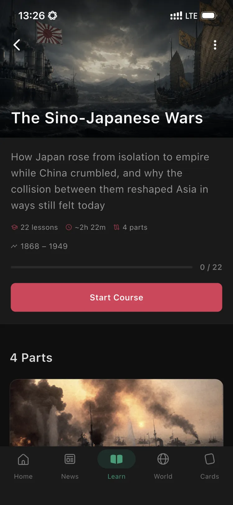 The The Sino-Japanese Wars course in the Orbis app, with its parts and lessons