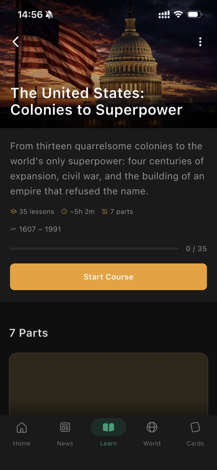 The The United States: Colonies to Superpower course in the Orbis app, with its parts and lessons