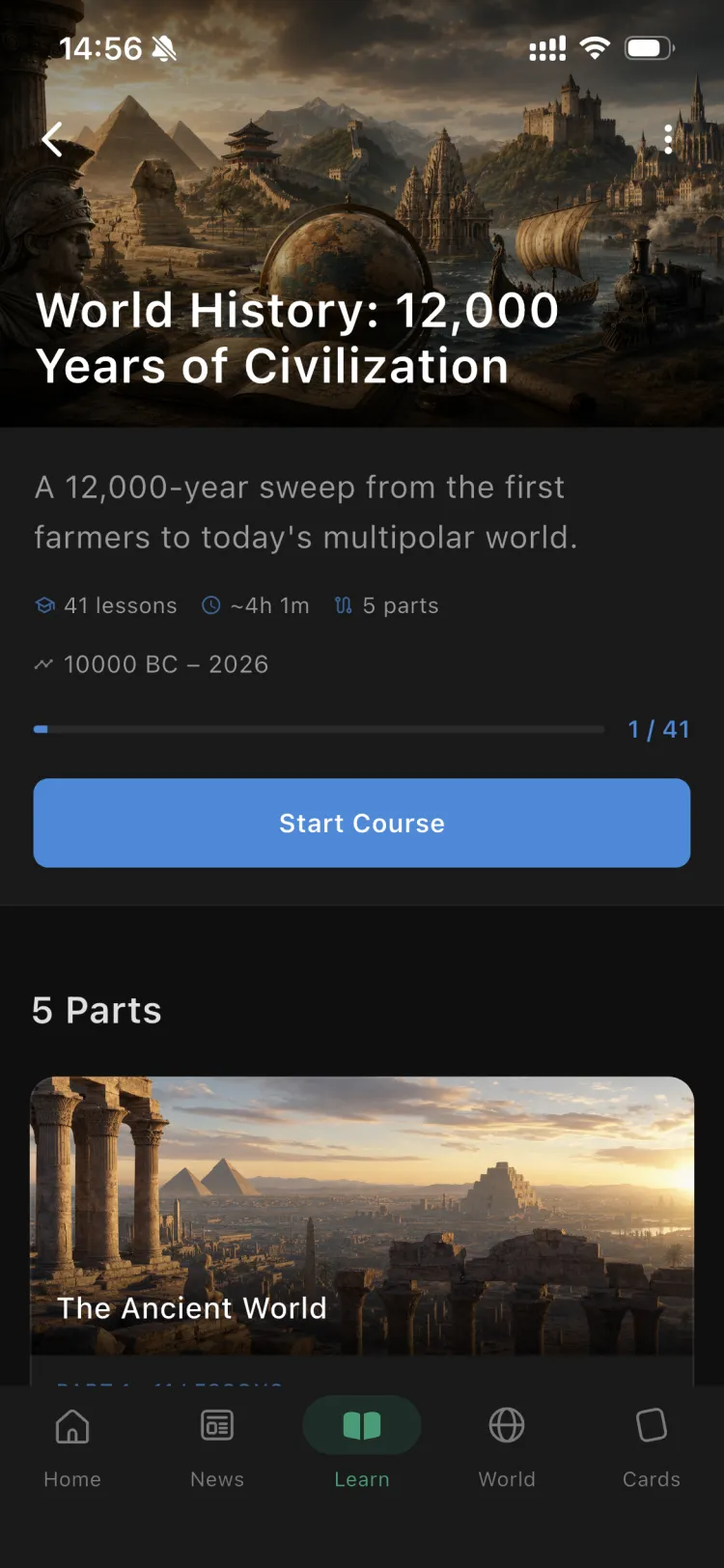 The World History: 12,000 Years of Civilization course in the Orbis app, with its parts and lessons
