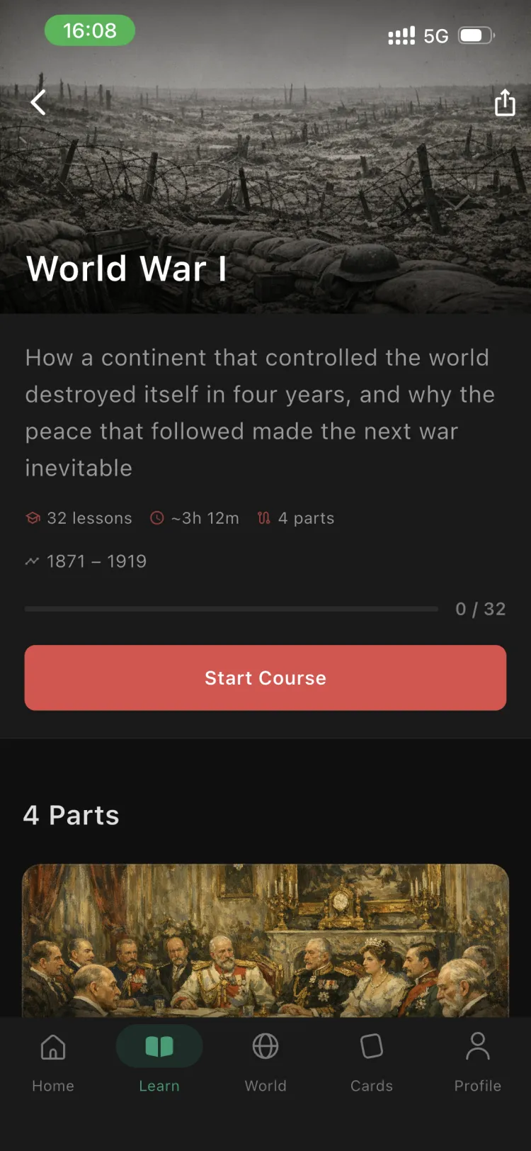 The World War I course in the Orbis app, with its parts and lessons
