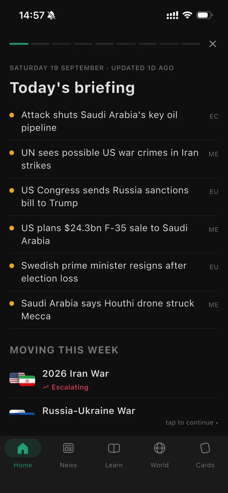 Today's briefing in Orbis: six headlines from the Middle East and Europe, and the conflicts moving this week.